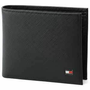 Professional studio shot of the Tommy Hilfiger men's black Saffiano leather bifold wallet featuring classic metal flag branding