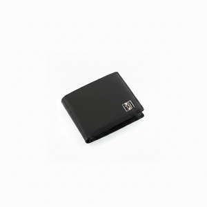 Professional studio shot of the Tommy Hilfiger men's black Saffiano leather bifold wallet featuring classic metal flag branding