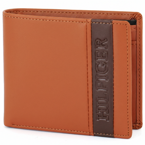 Front view of an authentic Tommy Hilfiger camel leather wallet featuring a bold brown vertical stripe with embossed brand name