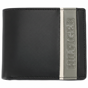 Front view of an authentic Tommy Hilfiger havana leather wallet featuring a stylish brown vertical stripe with recessed brand lettering