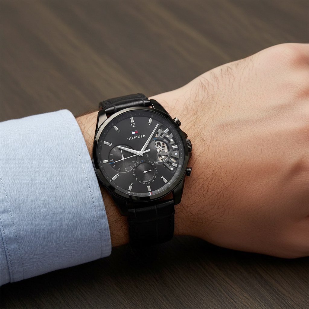 Close up of the black skeleton dial showing inner movement of Tommy Hilfiger 1710452