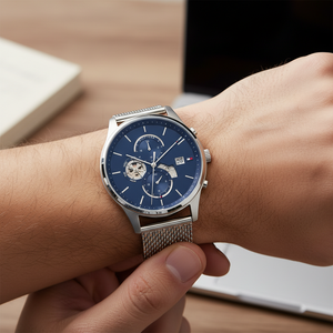 Close up of navy blue sunray dial and multi-function sub-dials of Tommy Hilfiger 1710504