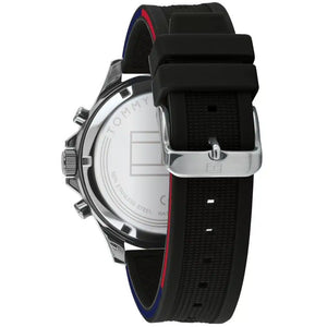 Profile view of Tommy Hilfiger Bank showing case thickness and black rubber strap