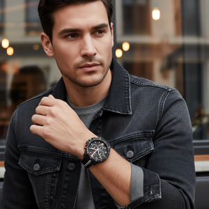 Man wearing sporty all black Tommy Hilfiger Bank 1792168 watch with rubber strap