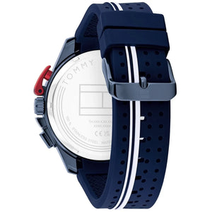 Profile view of Tommy Hilfiger Bank showing case thickness and navy blue rubber strap