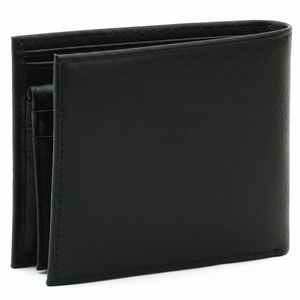 Side view of a standing Tommy Hilfiger black leather bifold wallet showcasing its slim profile and premium build quality
