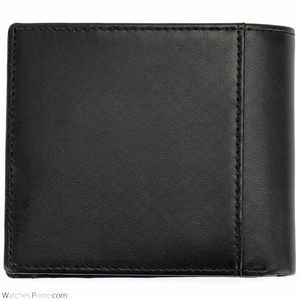 Rear view of the Tommy Hilfiger black genuine leather wallet highlighting the smooth texture and high-quality vertical accent stitching