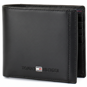 Front view of a Tommy Hilfiger black leather wallet highlighting the elegant vertical stitching detail and a small silver-toned enamel flag logo