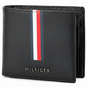 Close-up of Tommy Hilfiger black men's wallet highlighting the vertical signature stripe and raised silver-tone metal logo