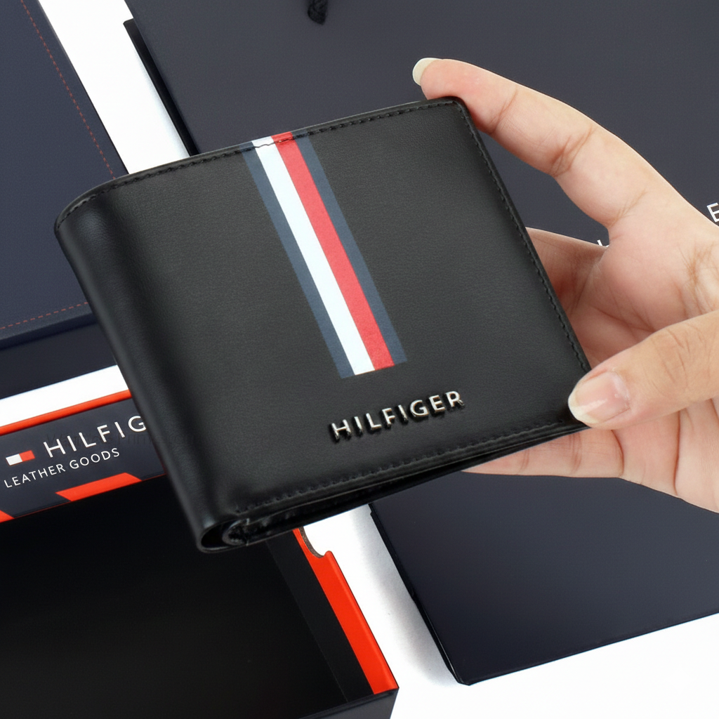 Close-up of Tommy Hilfiger black men's wallet highlighting the vertical signature stripe and raised silver-tone metal logo