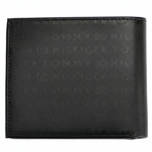 Rear view of the Tommy Hilfiger men's black leather wallet showing the seamless all-over monogram pattern and durable edge stitching
