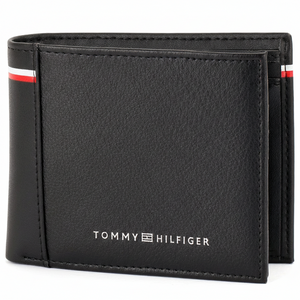 Front view of Tommy Hilfiger Black Pebbled Leather Wallet featuring smooth vertical strip and silver logo text