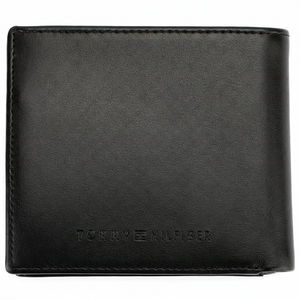 Rear view of Tommy Hilfiger black smooth leather wallet showing premium stitching and embossed brand name at the bottom