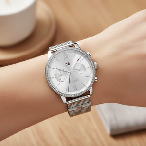 Close up of silver sunray dial and crystal-set bezel of Tommy Hilfiger 1782301