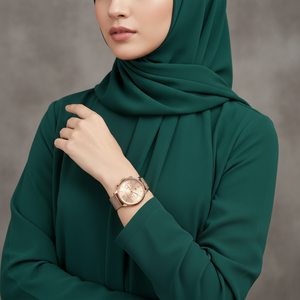 Woman wearing elegant Tommy Hilfiger Blake 1782303 gold watch with mesh bracelet