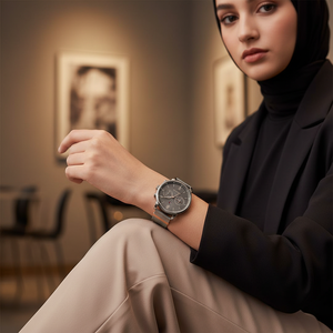 Woman wearing elegant Tommy Hilfiger Blake 1782304 grey watch with mesh bracelet