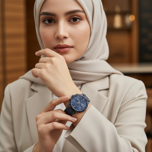 Woman wearing elegant Tommy Hilfiger Blake 1782305 navy watch with mesh bracelet