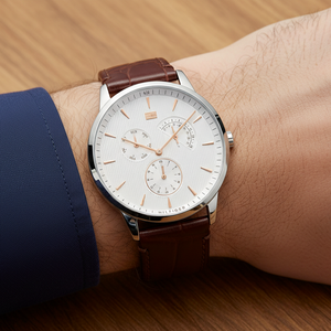 Close up of white textured dial and sub-dial layout of Tommy Hilfiger 1710389