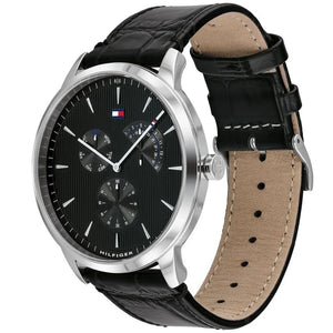 Angled shot highlighting the black croc-embossed leather strap of Tommy Hilfiger 1710391