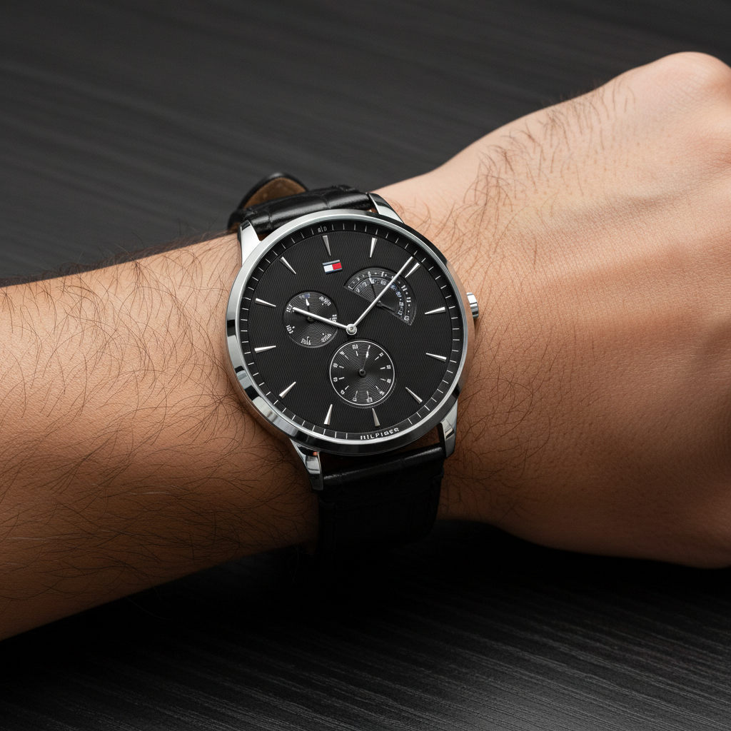 Close up of black textured dial and sub-dial layout of Tommy Hilfiger 1710391