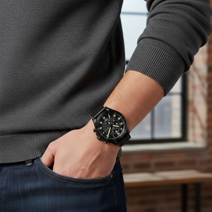 Man wearing bold all-black Tommy Hilfiger Carlyle 1792004 watch with leather strap