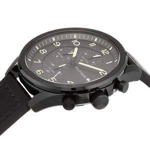 Profile view of Tommy Hilfiger Carlyle showing case thickness and black leather strap