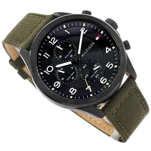 Angled shot highlighting the durable olive green canvas strap of Tommy Hilfiger 1792006