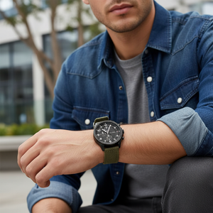 Man wearing rugged Tommy Hilfiger Carlyle 1792006 watch with olive green strap