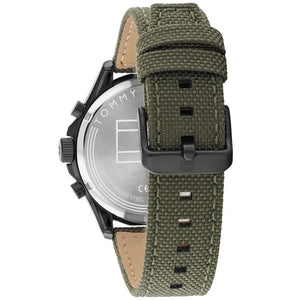 Profile view of Tommy Hilfiger Carlyle showing case thickness and olive canvas strap