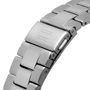 Angled shot highlighting the silver stainless steel bracelet of Tommy Hilfiger 1792007