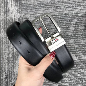 Tommy Hilfiger Black Leather Belt featuring Classic Silver Tone Prong Buckle