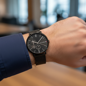 Close up of minimalist black dial and sub-dials of Tommy Hilfiger 1791507