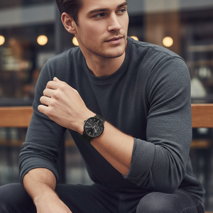 Man wearing elegant all black Tommy Hilfiger Cooper 1791507 watch with mesh strap