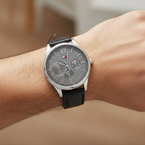 Close up of dark gray textured dial and roman numeral of Tommy Hilfiger 1791417