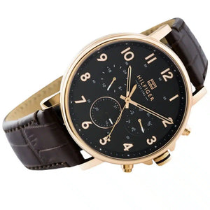 Profile view of Tommy Hilfiger Daniel showing case thickness and brown leather strap