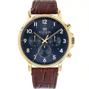 Tommy Hilfiger Daniel 1710380 men's watch gold case brown leather strap navy blue dial