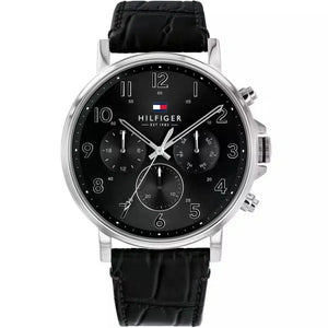 Tommy Hilfiger Daniel 1710381 men's watch silver case black leather strap black dial