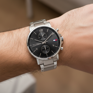 Close up of black sunray dial and multi-function sub-dials of Tommy Hilfiger 1710413