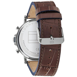 Angled shot highlighting the brown croc-embossed leather strap of Tommy Hilfiger 1710416
