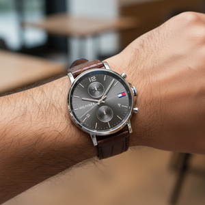 Close up of grey sunray dial and silver-tone markers of Tommy Hilfiger 1710416