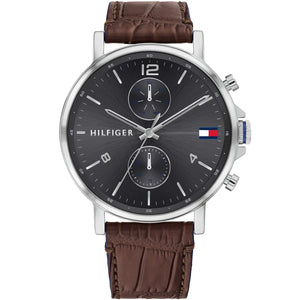 Tommy Hilfiger Daniel 1710416 men's watch silver case brown leather strap grey dial