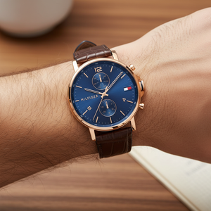Close up of navy blue sunray dial and rose gold-tone markers of Tommy Hilfiger 1710418