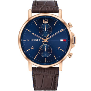 Tommy Hilfiger Daniel 1710418 men's watch rose gold case brown leather strap navy blue dial