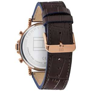Profile view of Tommy Hilfiger Daniel showing case thickness and brown leather strap