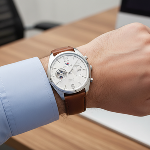 Close up of silver dial and semi-skeleton window of Tommy Hilfiger 1791550