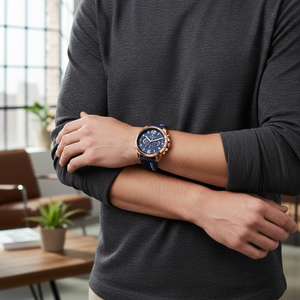 Man wearing bold Tommy Hilfiger Decker 1791474 watch with rose gold case and blue strap