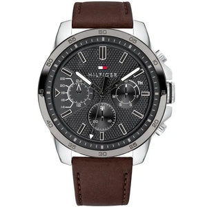 Tommy Hilfiger Decker 1791562 men's chronograph watch silver case brown leather strap dark gray dial
