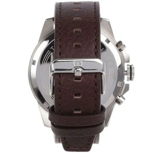 Profile view of Tommy Hilfiger Decker showing case thickness and brown leather strap