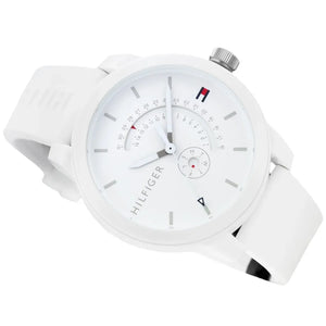 Angled shot highlighting the white rubber strap with branding on Tommy Hilfiger 1791481