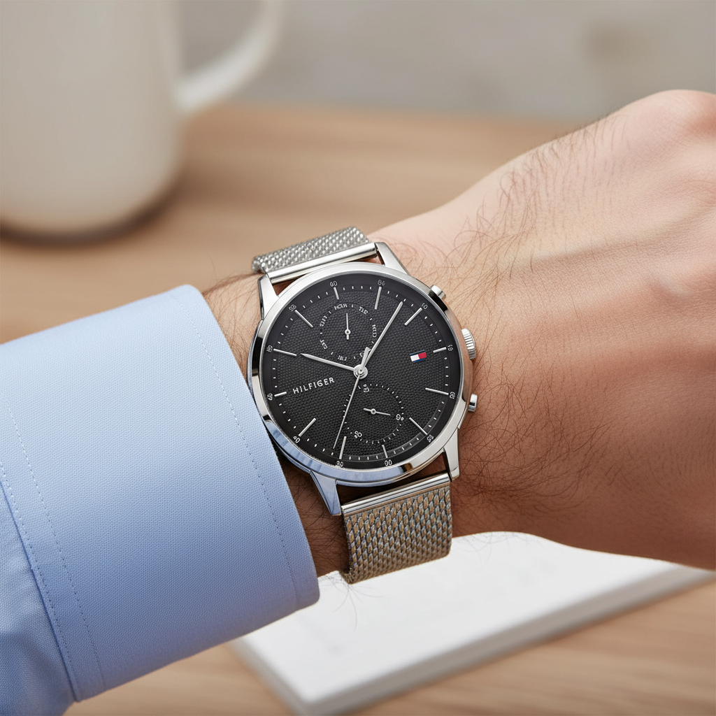 Close up of black textured dial and silver-tone markers of Tommy Hilfiger 1710433